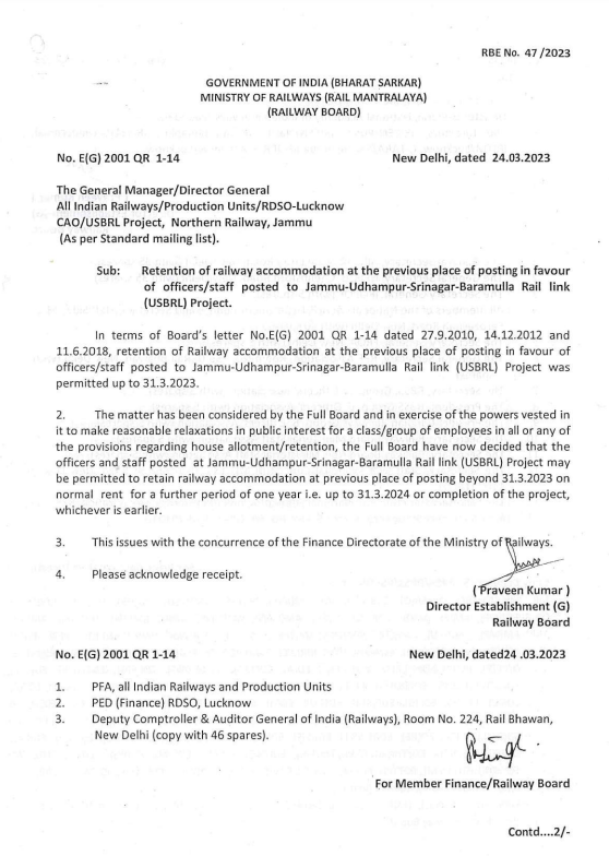 Retention of Railway Accommodation for USBRL Project Staff