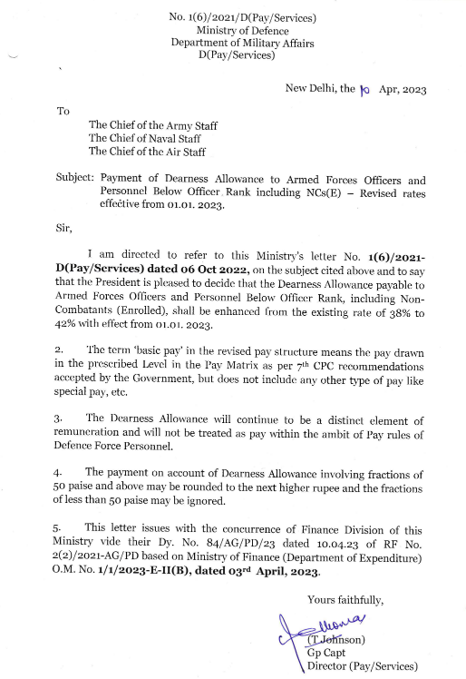 42% DA Rate for Armed Forces Personnel Effective from 01.01.2023