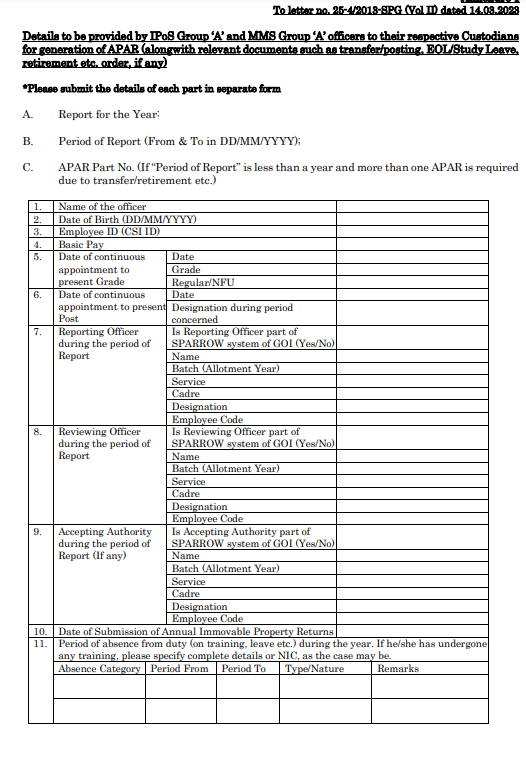 Online submission of APARs for the year 2022-23 for all Group ‘A’ Officers of DOP