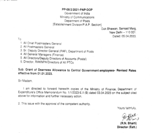 Payment of Dearness Allowance to Gramin Dak Sevaks (GDS) effective from 01.01.2023